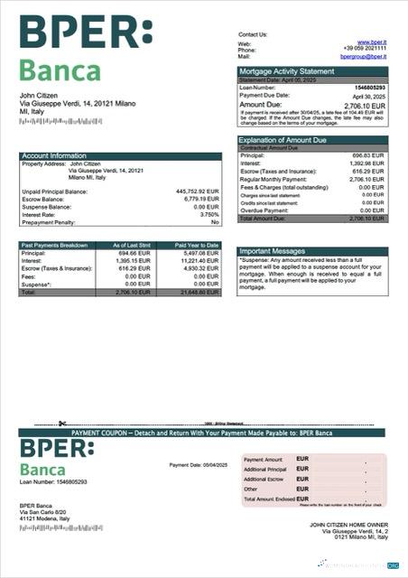 Download Italy BPER Banca mortgage statement Word and PDF template Photoshop template